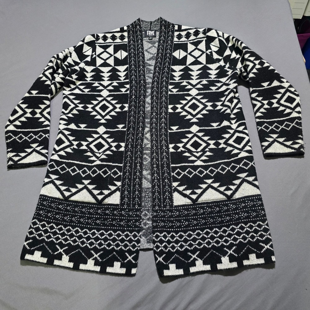 Cardigan Sweater Women Large Black White Geometric Southwestern Open Front